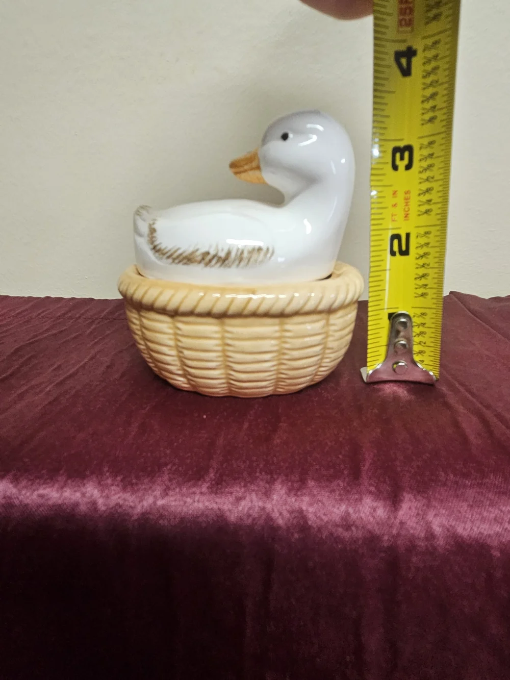 Vintage 1984 Enesco Ceramic Duck Nest Covered Dish with Tan Wicker Basket